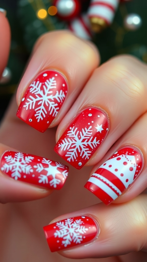 Close-up of red and white Christmas nail art with snowflakes and stripes.